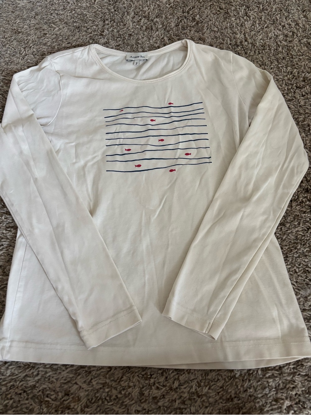 Armor Lux White Long-Sleeve Tee with Navy Stripes and Red Fish